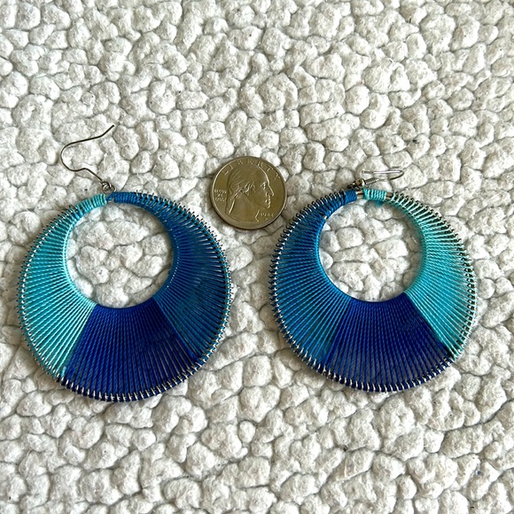Large Round Blue Fabric Earrings for Pierced Ears - Picture 2 of 6